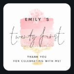 Moderne roze Bedankt van de Cake 21st Birthday Par Vierkante Sticker<br><div class="desc">De moderne Roze Naam van het Manuscript van de Cake 21st van de Dag Dank u. Ideaal voor uw partij, is Twintig eerst gecentreerd in een geplaatst handgeschreven stijlmanuscript met naam en uw dank u bericht dat u gemakkelijk kunt personaliseren, op een Waterverf pastelroze cake aan de achtergrond op een...</div>