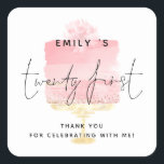 Moderne roze Bedankt van de Cake 21st Birthday Par Vierkante Sticker<br><div class="desc">De moderne Roze Naam van het Manuscript van de Cake 21st van de Dag Dank u. Ideaal voor uw partij, is Twintig eerst gecentreerd in een geplaatst handgeschreven stijlmanuscript met naam en uw dank u bericht dat u gemakkelijk kunt personaliseren, op een Waterverf pastelroze cake aan de achtergrond op een...</div>