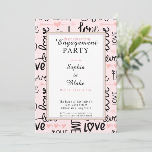 Moderne roze & Black Love Engagement Party Kaart (Staand voorkant)