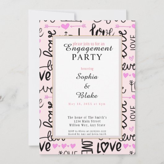 Moderne roze & Black Love Engagement Party Kaart (Voorkant)