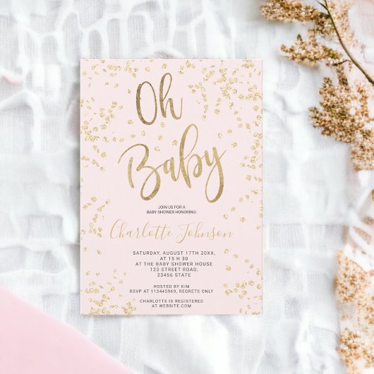 Moderne roze bladfolie confetti oh baby shower kaart