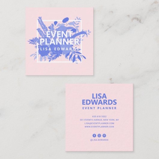 Moderne roze blauwe bloemen illustratie minimalist vierkante visitekaartje (Voorkant / Achterkant)