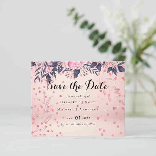 Moderne roze blauwe bloemige bruiloft (Staand voorkant)