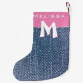 Moderne roze blauwe denim Jeans monogram naam Kind Kleine Kerstsok (Achterkant)