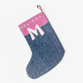 Moderne roze blauwe denim Jeans monogram naam Kind Kleine Kerstsok (Achterkant (Hangend))