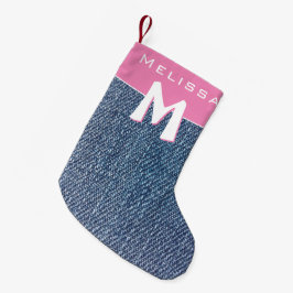 Moderne roze blauwe denim Jeans monogram naam Kind Kleine Kerstsok