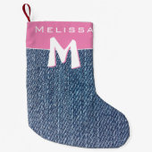 Moderne roze blauwe denim Jeans monogram naam Kind Kleine Kerstsok (Voorkant)