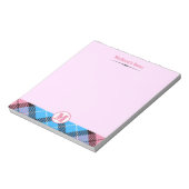 Moderne Roze Blauwe Geruite Tartan Monogram Script Notitieblok (Linkerzijde)