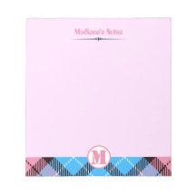 Moderne Roze Blauwe Geruite Tartan Monogram Script