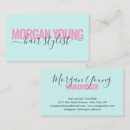 Moderne roze blauwe haarstylist script handtekenin visitekaartje (Voorkant / Achterkant)