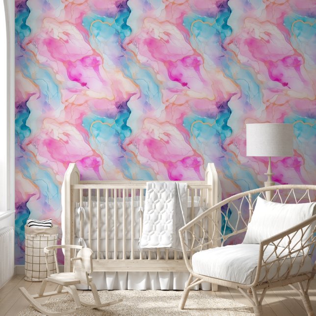 Moderne Roze Blauwe Pastel Alcoholinkt Abstract Behang (Kinderen)