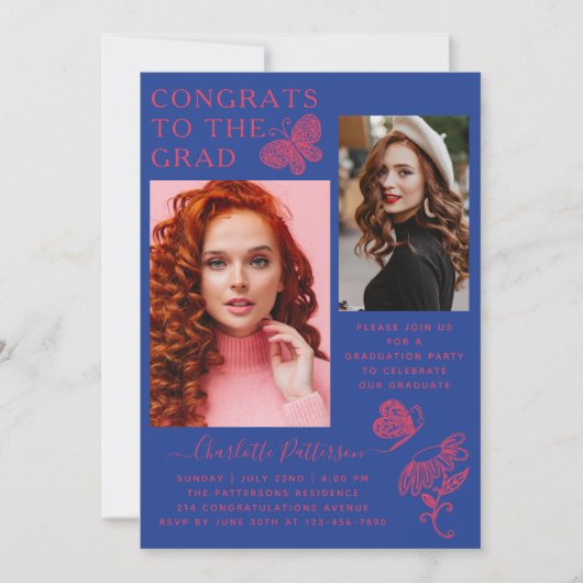 Moderne Roze Blauwe Vlinder Foto Afstudeerfeest Kaart (Voorkant)