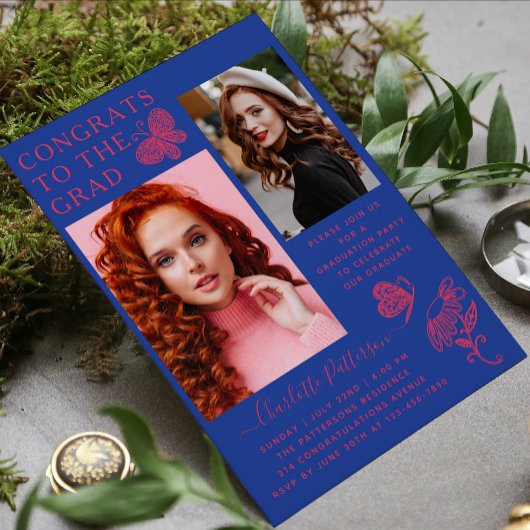 Moderne Roze Blauwe Vlinder Foto Afstudeerfeest Kaart
