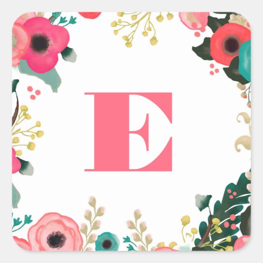 Moderne Roze Blauwgroen Bloemen Monogram Bruiloft Vierkante Sticker (Voorkant)