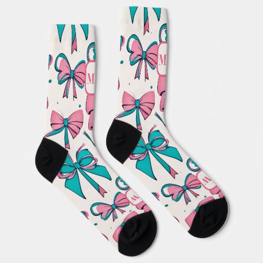 Moderne roze blauwgroen crème bogen monogram chic sokken (Rechts)