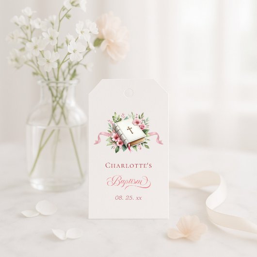 Moderne Roze Bloem Doop Cadeaulabel
