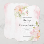 Moderne Roze bloem doop uitnodiging voor meisje (Voorkant / Achterkant)