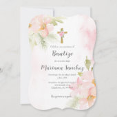 Moderne Roze bloem doop uitnodiging voor meisje (Voorkant)