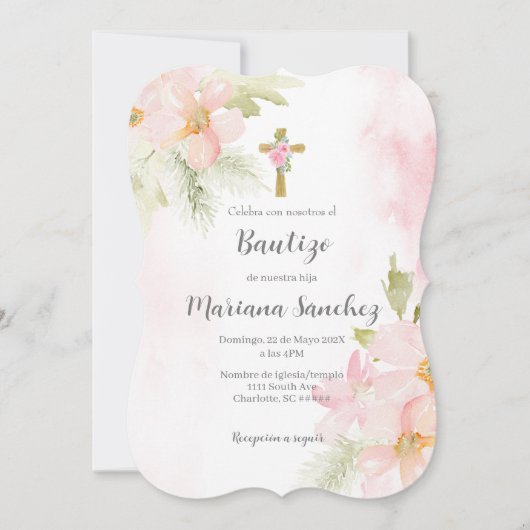 Moderne Roze bloem doop uitnodiging voor meisje (Voorkant)