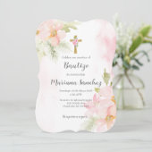 Moderne Roze bloem doop uitnodiging voor meisje (Staand voorkant)