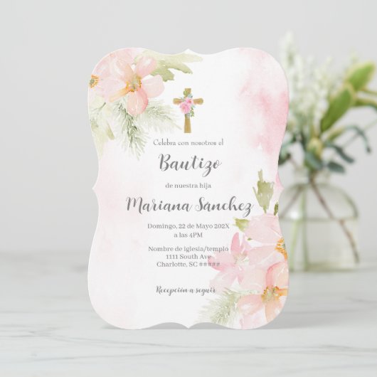 Moderne Roze bloem doop uitnodiging voor meisje (Staand voorkant)