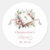 Moderne Roze Bloem Doopsticker Ronde Sticker (Voorkant)