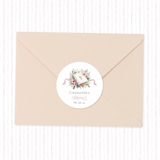 Moderne Roze Bloem Doopsticker Ronde Sticker