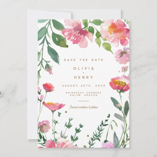 Moderne Roze Bloem Foto Bruiloft Save the Date Kaart (Voorkant)