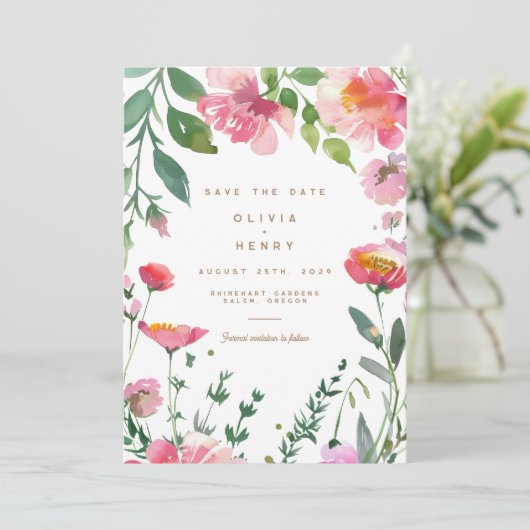 Moderne Roze Bloem Foto Bruiloft Save the Date Kaart (Staand voorkant)