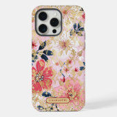 Moderne Roze Bloem Glitter Chic Gepersonaliseerde iPhone Hoesje (Achterkant)