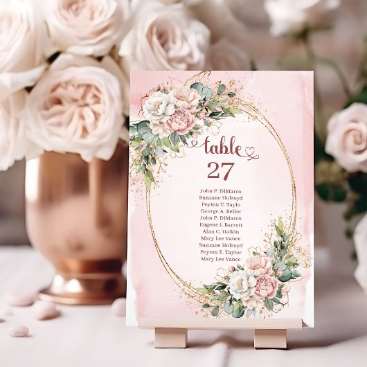Moderne Roze Bloem Gouden Bruiloft Tafel Nummer Kaart