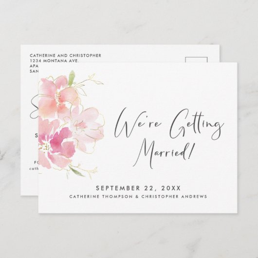 Moderne Roze Bloem Waterverf Aankondigingskaart (Voorkant / Achterkant)