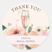 Moderne Roze Bloemachtige Champagne Bruidsdouche Ronde Sticker (Voorkant)