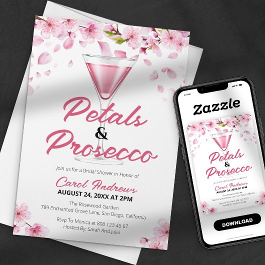 Moderne Roze Bloemblaadjes & Prosecco Bruidsdouche Kaart
