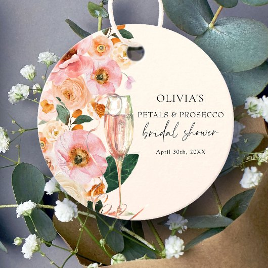 Moderne Roze Bloemblaadjes & Prosecco Bruidsfeest Bedankjes Labels