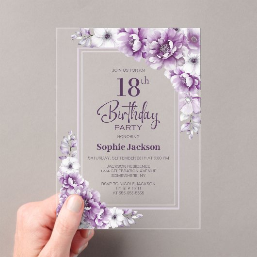 Moderne Roze Bloemen 18e Verjaardagsfeest Acryl Uitnodigingen (Insitu (Draagbaar))
