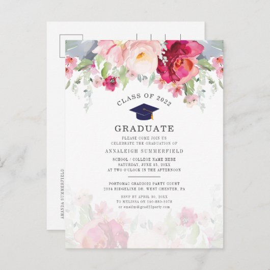 Moderne Roze Bloemen 2025 Afstudeerfeest Uitnodiging Briefkaart (Voorkant / Achterkant)