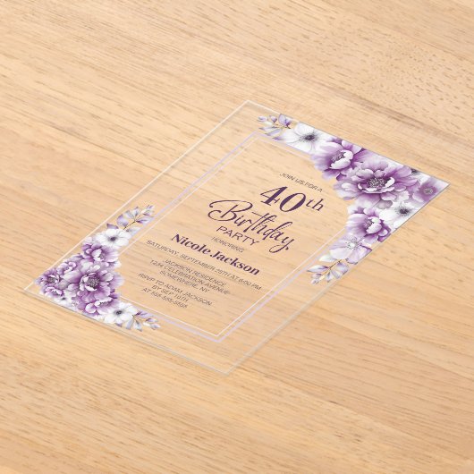 Moderne Roze Bloemen 40e Verjaardagsfeest Acryl Uitnodigingen (Laagn)