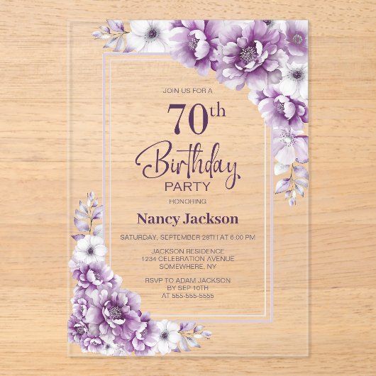Moderne Roze Bloemen 70e Verjaardagsfeest Acryl Uitnodigingen (Voorkant)