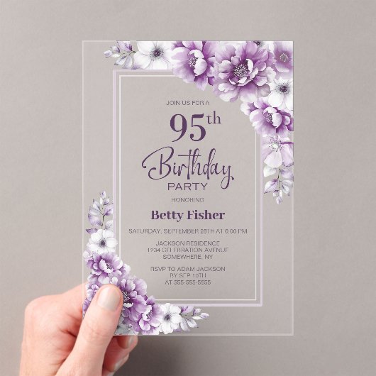 Moderne Roze Bloemen 95e Verjaardagsfeest Acryl Uitnodigingen (Insitu (Draagbaar))