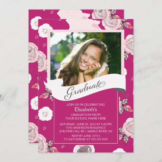 Moderne  roze bloemen Afstuderen uitnodiging (Voorkant / Achterkant)