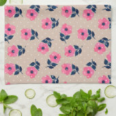 Moderne roze bloemen beige poka Dots Theedoek (Gevouwen)