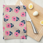 Moderne roze bloemen beige poka Dots Theedoek (Quarter Fold)