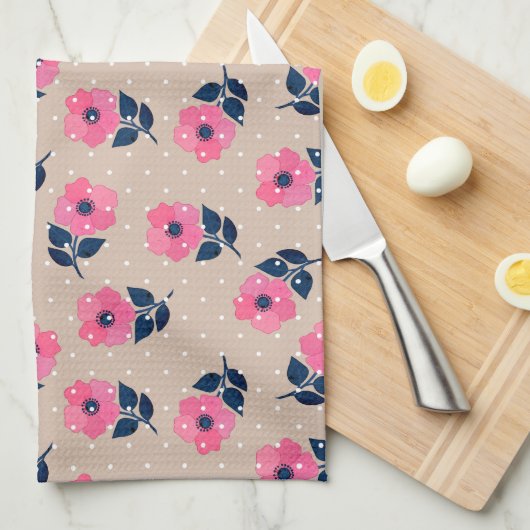 Moderne roze bloemen beige poka Dots Theedoek (Quarter Fold)