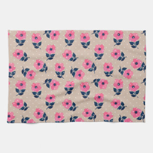 Moderne roze bloemen beige poka Dots Theedoek