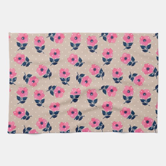 Moderne roze bloemen beige poka Dots Theedoek (Horizontaal)
