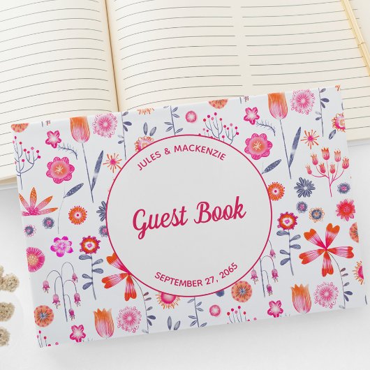 Moderne Roze Bloemen Boho Bruiloft Gastenboek