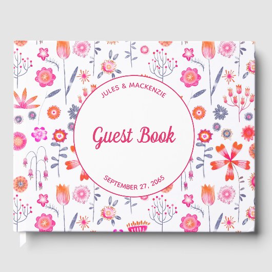 Moderne Roze Bloemen Boho Bruiloft Gastenboek (Voorkant)