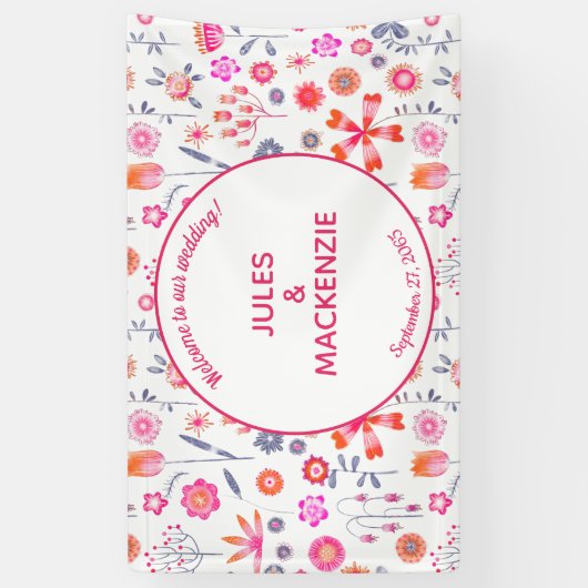 Moderne Roze Bloemen Boho Bruiloft Spandoek (Verticaal)