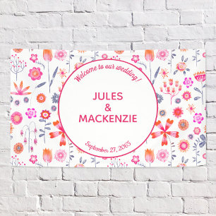 Moderne Roze Bloemen Boho Bruiloft Spandoek